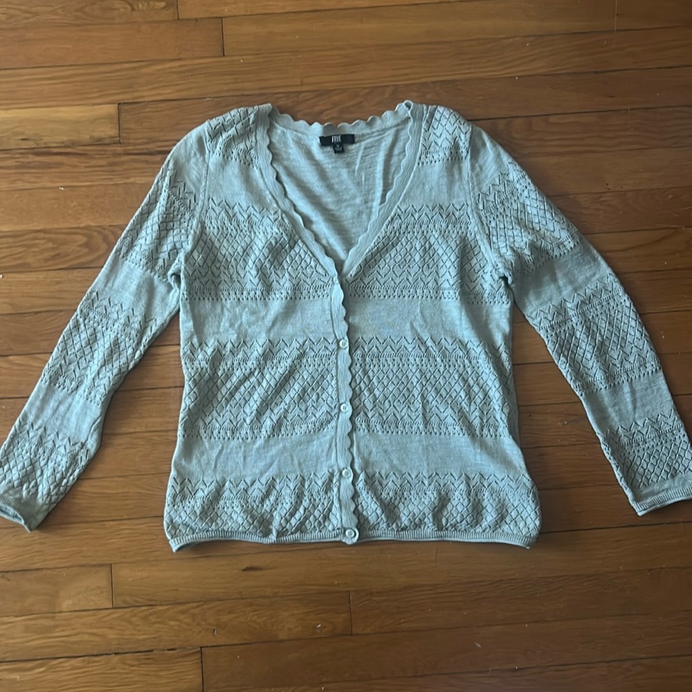 FRYE Green Women's Knit Cardigan Eyelet Sweater, Scalloped Neck medium